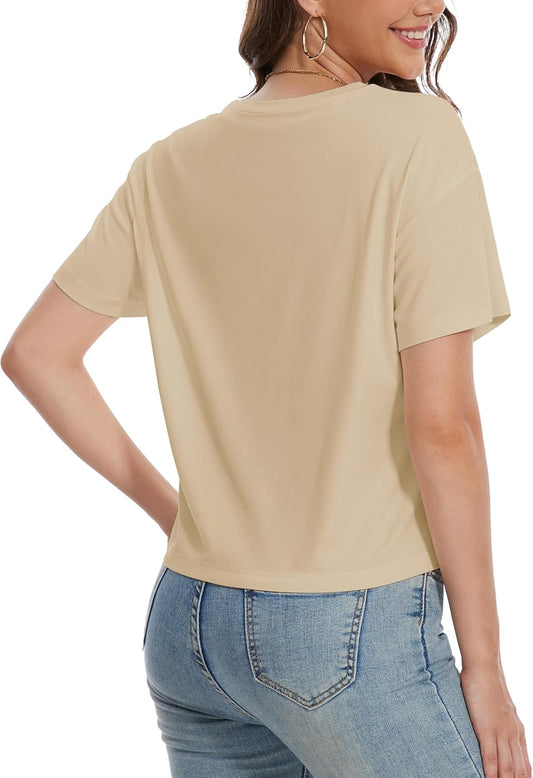 YUCOLEN Women's Crop Tops Summer Short Sleeve Cotton UPF 50+ Round Neck Casual Loose Cropped T-Shirts Solid Basic Tees
