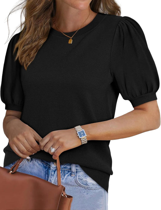 WIHOLL Women's Puff Short Sleeve Sweater 2025 Spring Summer Tops Trendy Business Casual Outfits Work Blouses Clothes