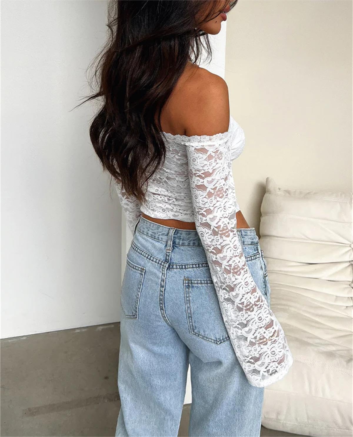 LOFAAC Women Off Shoulder Floral Lace Going Out Crop Tops Sexy Slim Long Sleeve See Through Backless Crop Blouse Shirts