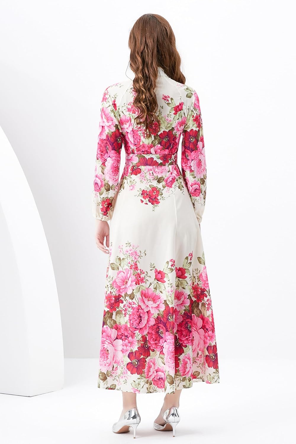 LAI MENG FIVE CATS Women's Floral Print Puff Sleeve Button Up Split Party Flowy Maxi Dress