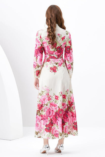 LAI MENG FIVE CATS Women's Floral Print Puff Sleeve Button Up Split Party Flowy Maxi Dress