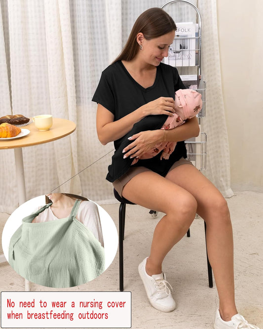 Rnxrbb V Neck Nursing Tops for Breastfeeding Tshirts Summer Postpartum Clothes Sets Short Sleeve 3 Pack Double Layer