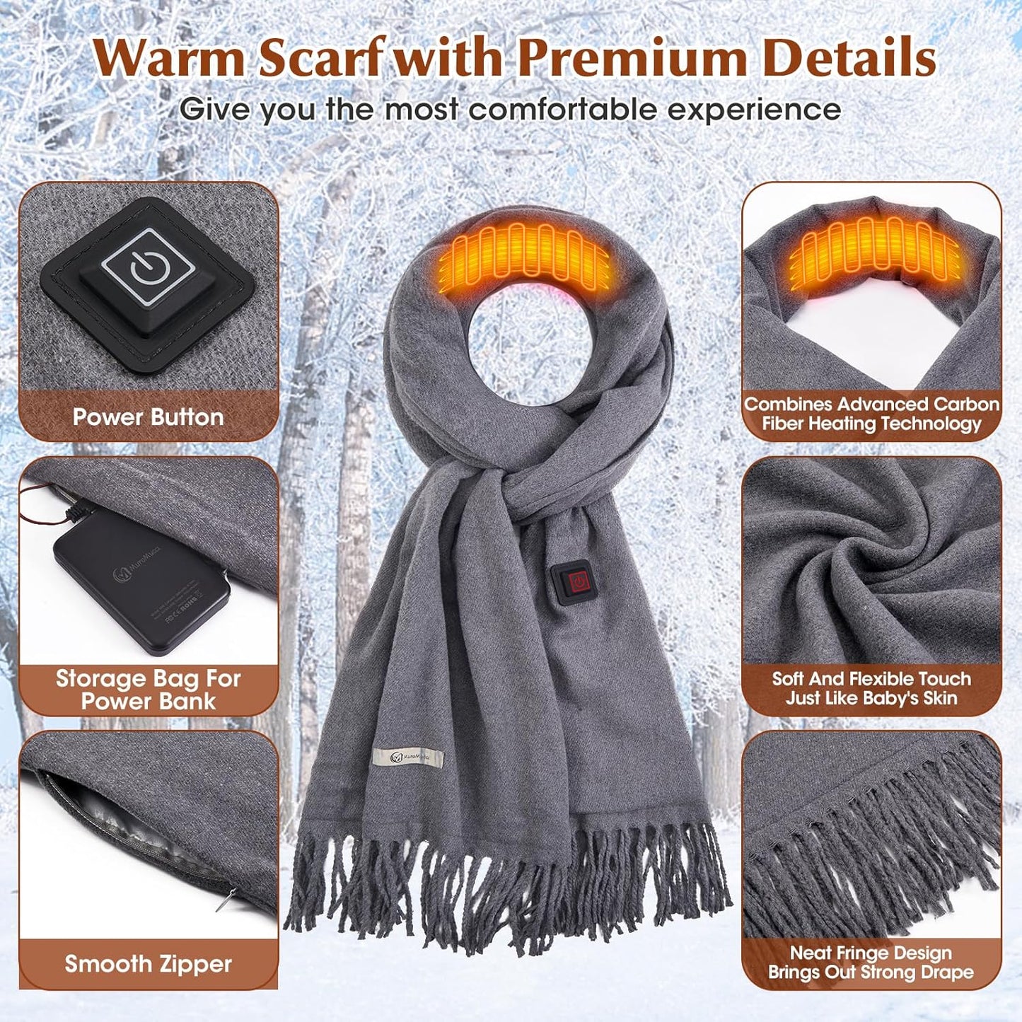 Heated Scarf for Women Rechargeable Neck Warmer, Scarves for Men Winter Warm Intelligent Electric Heating Scarf(grey)