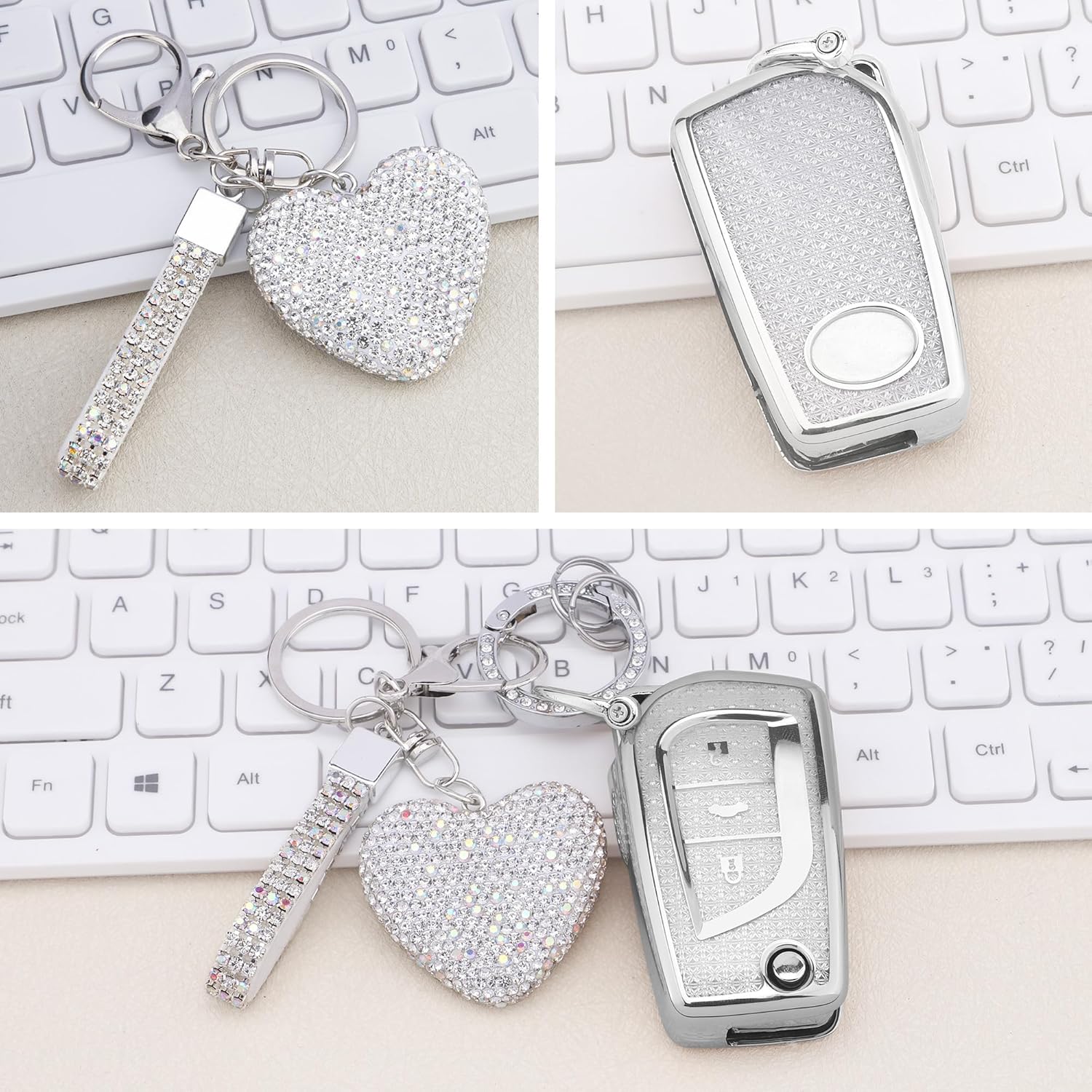 for Toyota 3 Buttons Key fob Cover with Diamond Heart Keychain, Car Accessories TPU for Fortuner Tundra Camry RAV4 Highlander Corolla Smart Key, Silver Clear
