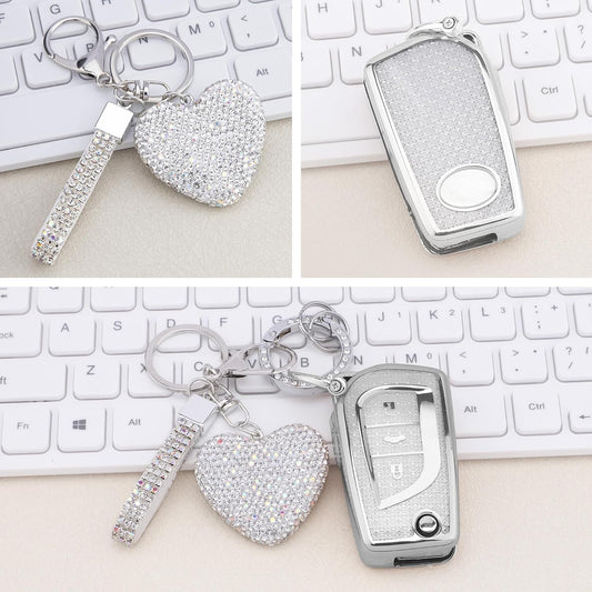 for Toyota 3 Buttons Key fob Cover with Diamond Heart Keychain, Car Accessories TPU for Fortuner Tundra Camry RAV4 Highlander Corolla Smart Key, Silver Clear