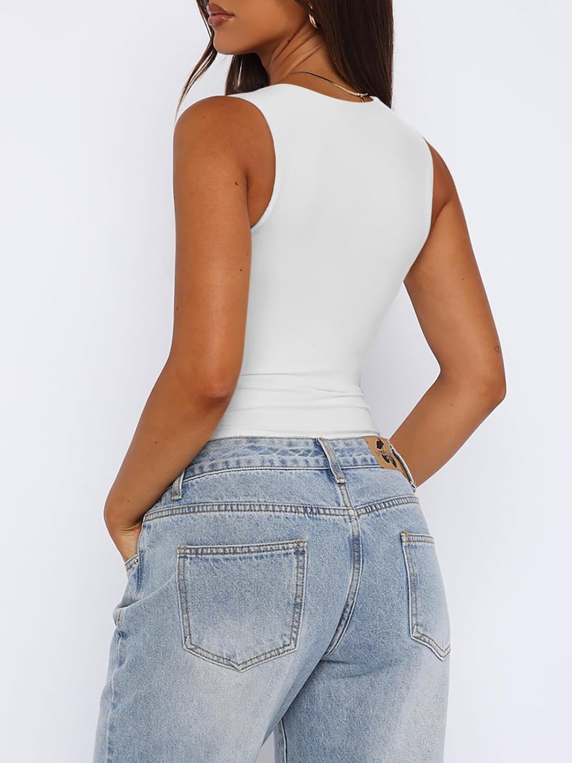 REORIA Butsmooth® Women’s Sexy Sleeveless Square Neck Double Lined Basic Bodysuit Tank Tops