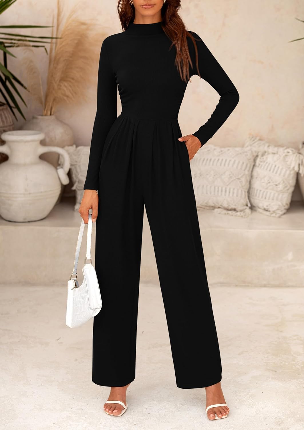 PRETTYGARDEN Jumpsuits For Women Dressy Casual Fall Fashion 2025 Long Sleeve Mock Neck Romper Business Work One Piece Outfits