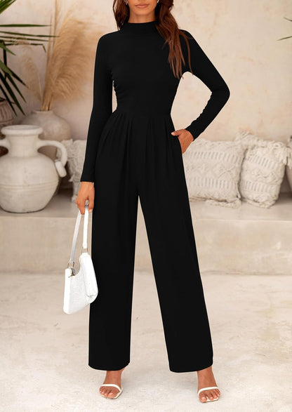 PRETTYGARDEN Jumpsuits For Women Dressy Casual Fall Fashion 2025 Long Sleeve Mock Neck Romper Business Work One Piece Outfits