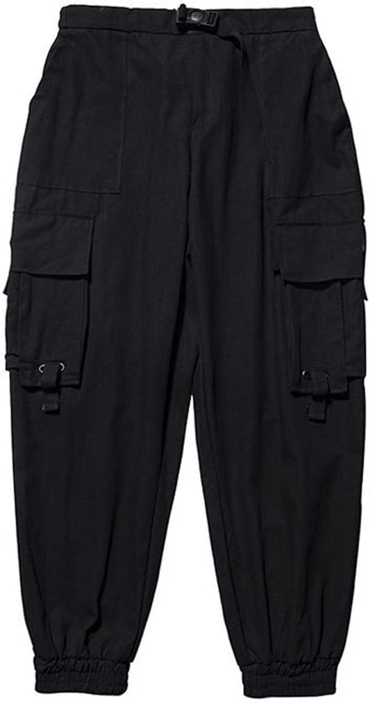 PAODIKUAI Men Techwear Matte Black Jogger Pants Relaxed Fit Streetwear Pants with Multiple Pockets