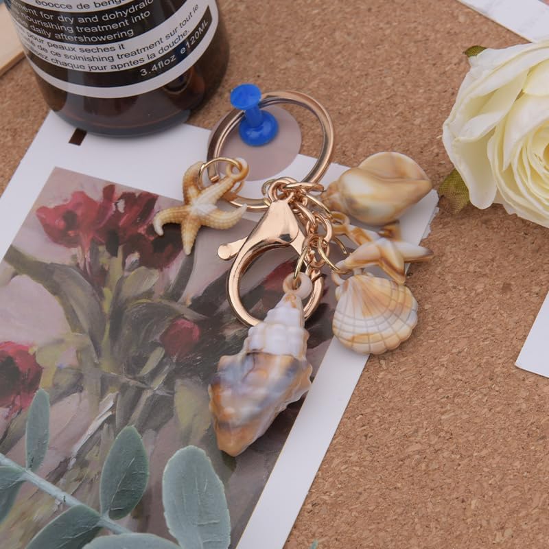 Beach Seashell Keychain Charm for Girls Ocean Starfish Key Chain Gold Bag Keyring Beach Theme Gifts for Women