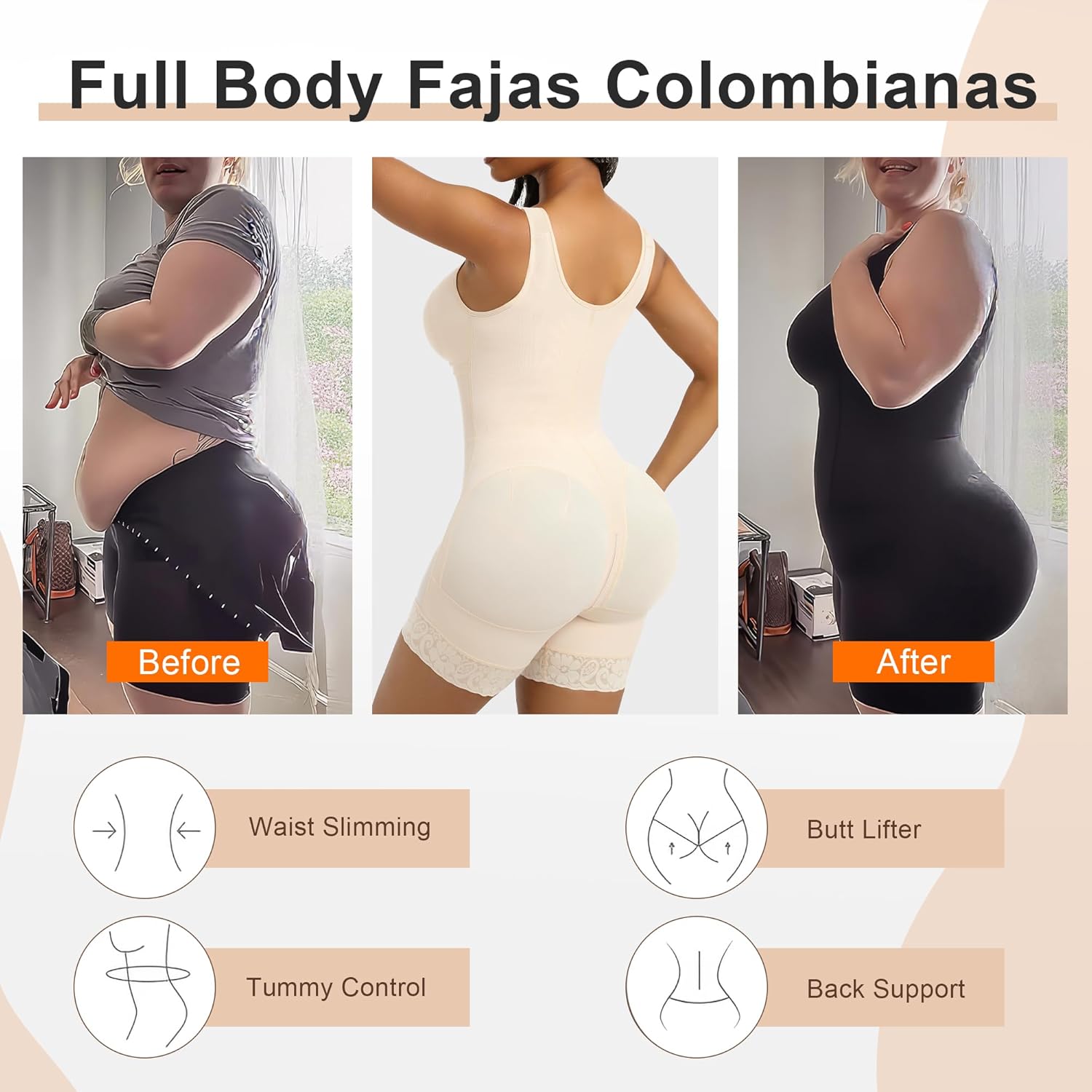 SHAPERX Women's Fajas Colombianas Tummy Control Shapewear Postpartum Full Body Shaper Butt Lifter Bodysuit