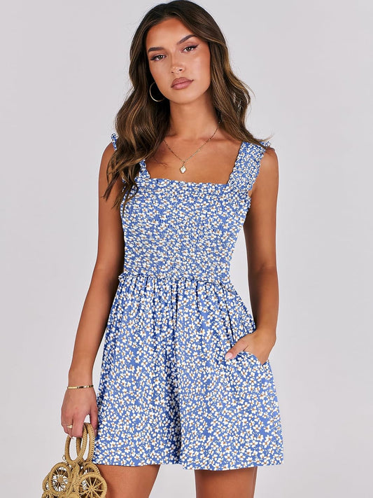 Caracilia Women's Summer Casual Smocked Rompers Square Neck Sleeveless Loose Shorts Jumpsuit 2025 Beach Vacation Outfits