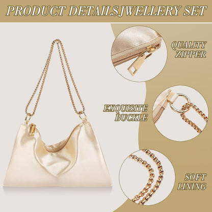 4 Pcs Satin Purse Jewelry Sets Woman Evening Handbag Wedding Shoulder Bag Purse for Prom Formal Cocktail Wedding Bride