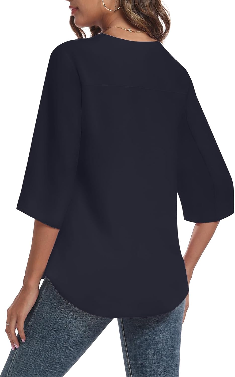 LAOLASI Womens Summer Chiffon Blouses 3/4 Sleeve V Neck Casual Loose Work Tops for Leggings 2025 Flowy Dressy Tshirts