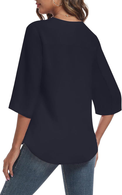 LAOLASI Womens Summer Chiffon Blouses 3/4 Sleeve V Neck Casual Loose Work Tops for Leggings 2025 Flowy Dressy Tshirts