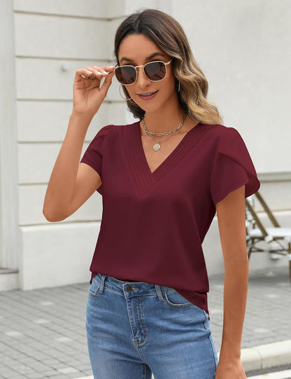 Fayenne Womens Tops Dressy Casual V Neck Ruffle Short Sleeve Blouse Business Casual Tops Chiffon Flowy Shirt Cute Summer Tops