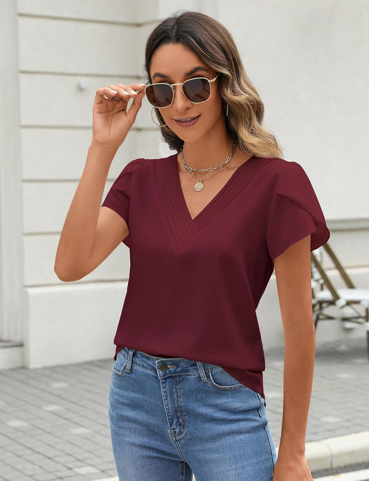 Fayenne Womens Tops Dressy Casual V Neck Ruffle Short Sleeve Blouse Business Casual Tops Chiffon Flowy Shirt Cute Summer Tops