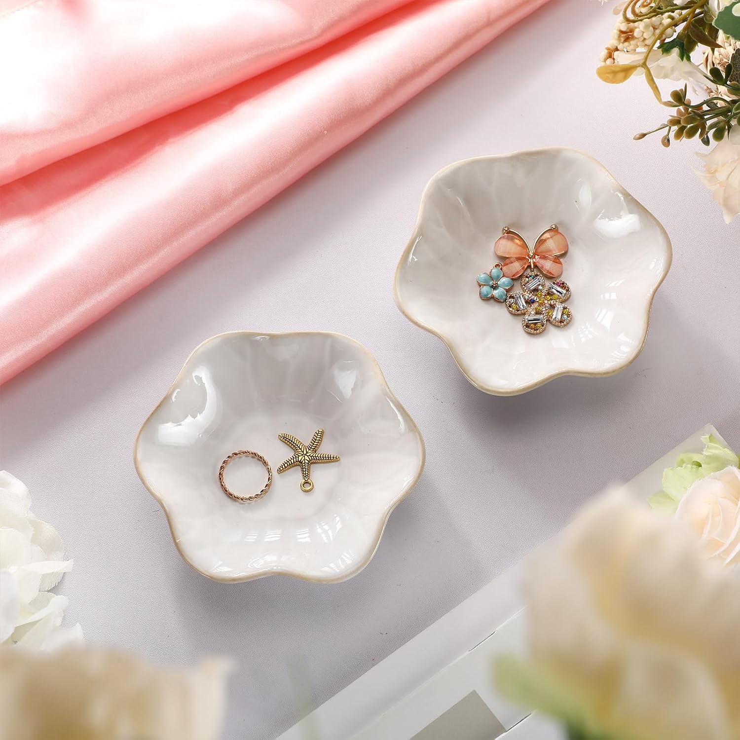 8 Pcs Ceramic Trinket Dish Lotus Leaf Jewelry Tray Small Ring Dish for Earrings, Rings, Jewelry Holder, Key Bowl(White)