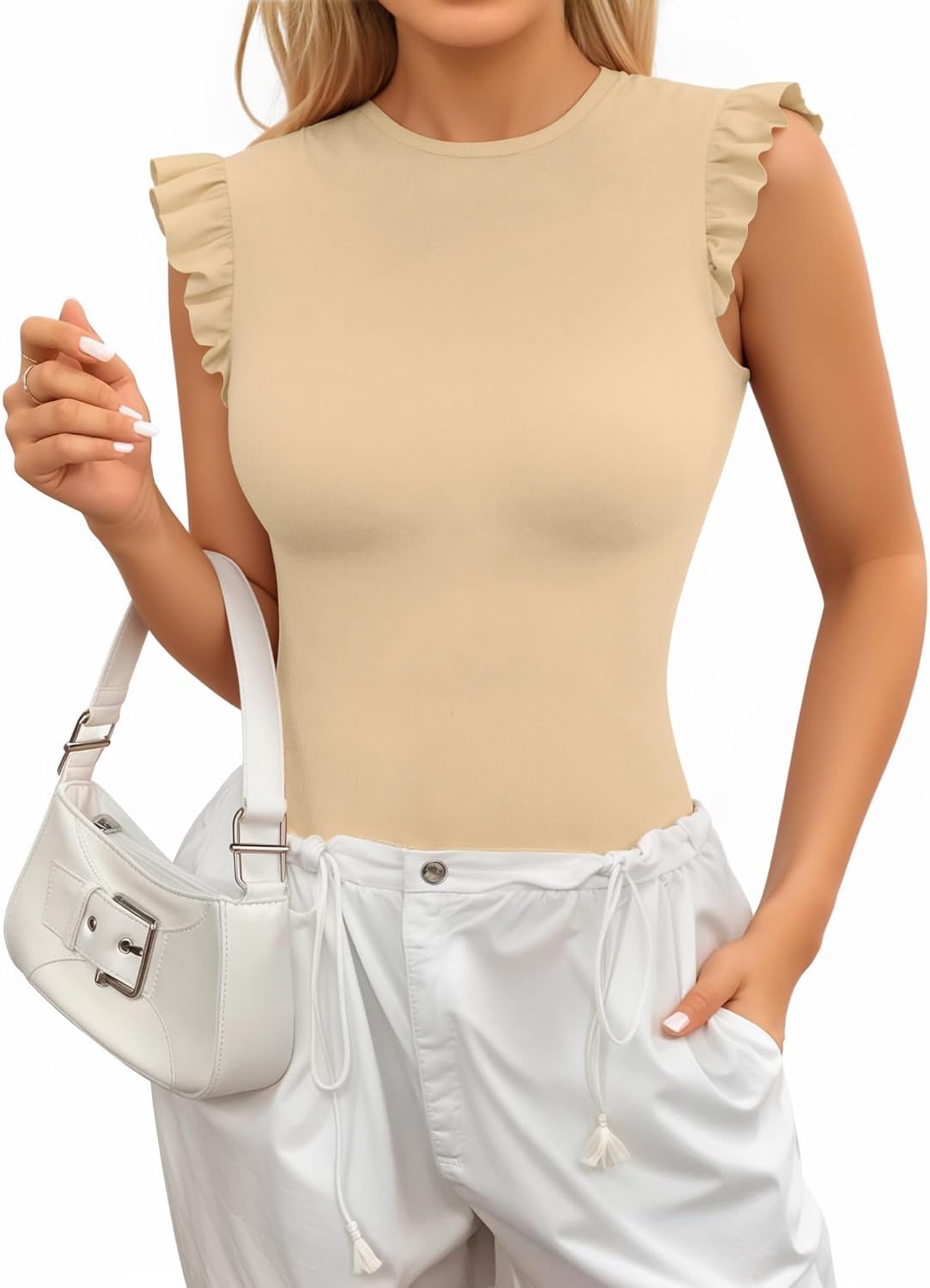 MANGOPOP Women's Body Suits Cute Crew Neck Ruffle Sleeveless Slim Fit Bodysuit Tank Tops Tight Casual Sexy
