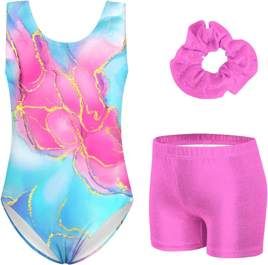 3 Piece Gymnastics Leotards for Girls Size 10 Teen Girl's Pink Marble 3D Print Athletic Outsfit with Short for Age 11 Children Sparkle Diamond Drift Tie Dye Classic Shiny GYM Biketards,10 11 Years