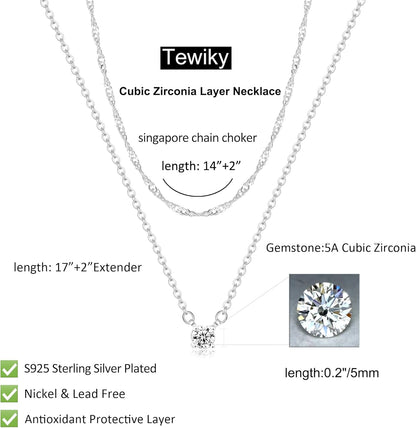 Tewiky Diamond Necklaces for Women, Dainty S925 Sterling Silver/ 14K Gold Choker Necklace Simple Silver CZ Jewelry Necklaces for Women Trendy Gifts