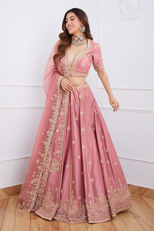 TRENDMALLS Satin Embroidery Sequence Work Lehenga Choli Unstitch Blouse with Dupatta For Women (L257-DarkPeach-FreeSize)