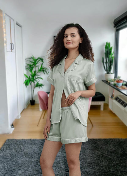 Womens Silk Satin Pajamas Loungewear Two-Piece Sleepwear Button-Down Floral Pj Set XS-4XL