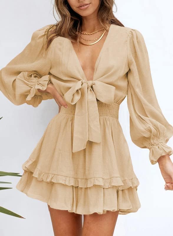 Dokotoo Womens Casual Spring Summer 2025 Deep V Neck Knotted Tiered Chiffon Elegant Mini Short Swing Skater Dresses