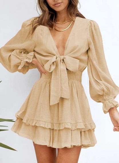 Dokotoo Womens Casual Spring Summer 2025 Deep V Neck Knotted Tiered Chiffon Elegant Mini Short Swing Skater Dresses