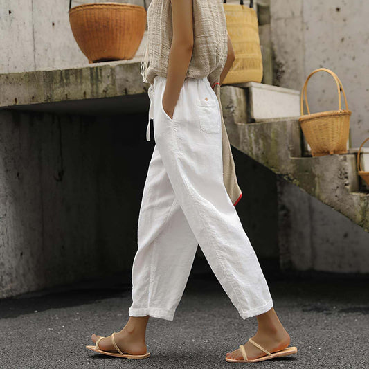 Womens Linen Pants with Pockets High Waist Comfy White Casual Pants Lightweight Loose Trousers