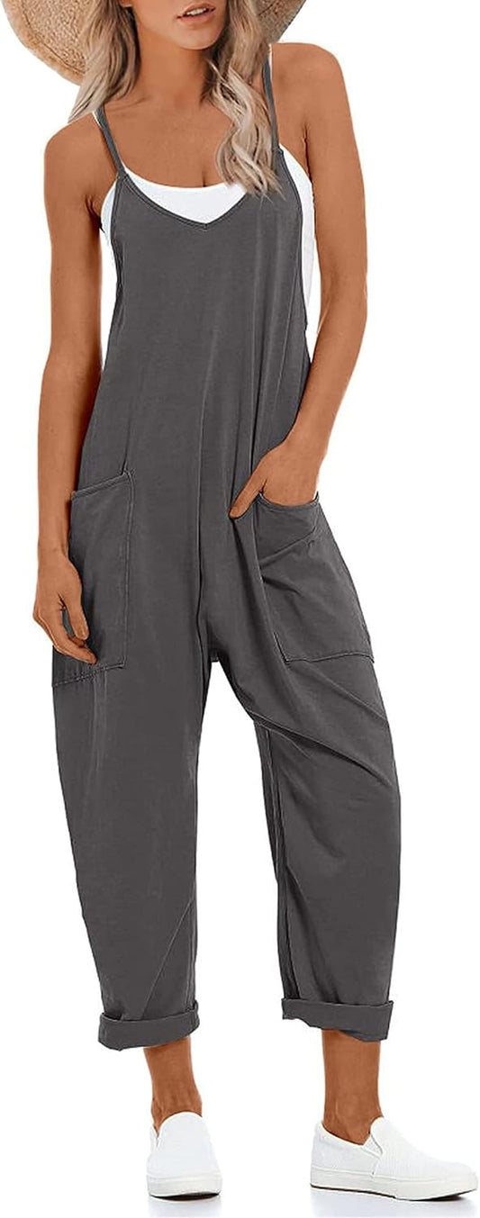 Lentta Women's Causal Jumpsuits V Neck Sleeveless Harem Overalls Stretchy Adjustable Strap Romper with Pockets