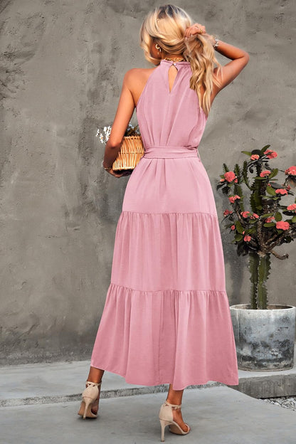 PRETTYGARDEN Women's Summer Floral Maxi Sun Dress Sleeveless Halter Neck Flowy Ruffle Hem Long Boho Dresses with Belt