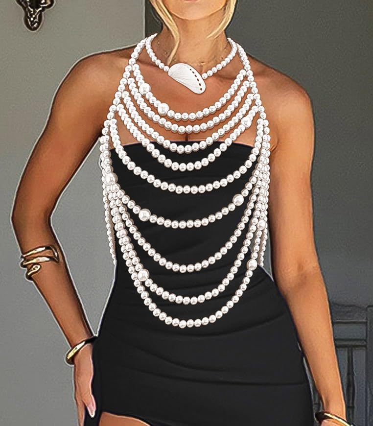Uranian Pearl Body Chains Top Pearl Bra Chain Layered Shoulder Chain Necklaces Halter Chest Chains Beach Bikini Body Jewelry for Women