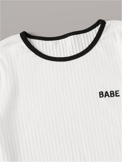 SOLY HUX Bodysuits for Women Short Sleeve Contrast Binding Letter Embroidery Bodysuit T Shirt Tops