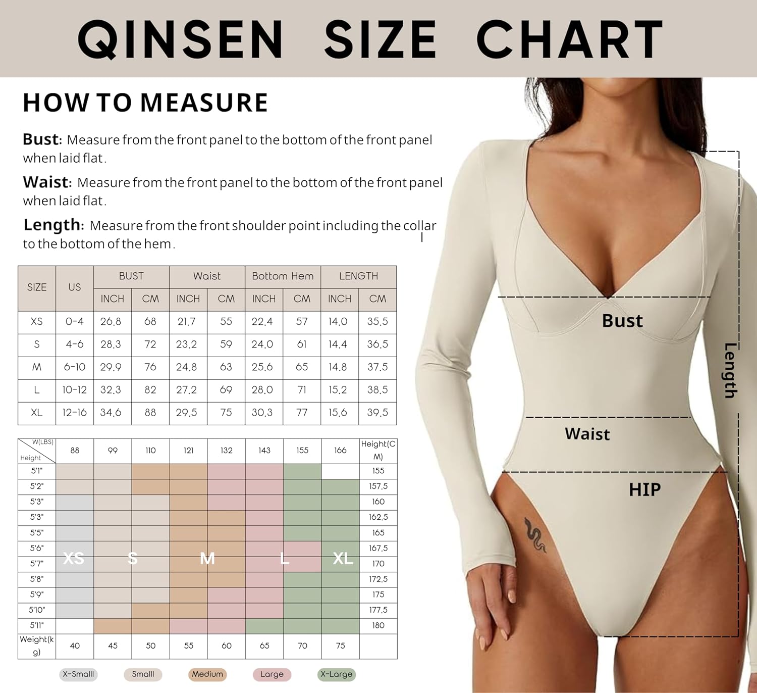 QINSEN Women's Long Sleeve Bodysuit V Neck Body Suits Seamed Cup Going Out Tops Shirt