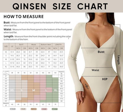 QINSEN Women's Long Sleeve Bodysuit V Neck Body Suits Seamed Cup Going Out Tops Shirt