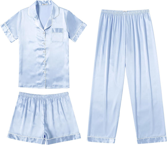 Ekouaer Silk Pajamas for Women Set Satin Pjs Soft Short Sleeve Button Down Sleepwear 3 Piece Loungewear S-XXL