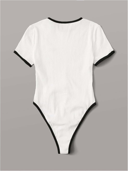 SOLY HUX Bodysuits for Women Short Sleeve Contrast Binding Letter Embroidery Bodysuit T Shirt Tops