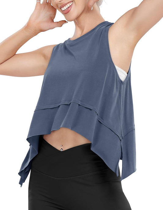 UEU Cropped Tank Tops for Women, Yoga Workout Athletic Shirts, Summer Flowy Split Side Slit Oversized Sleeveless Tee