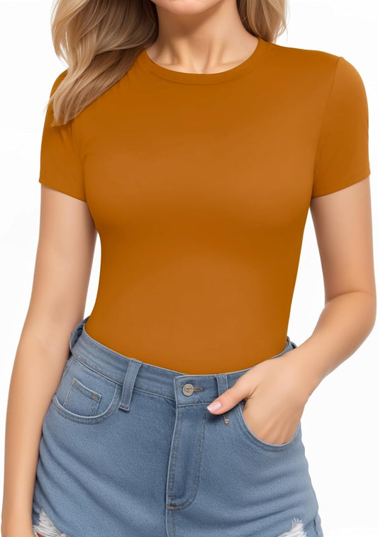 MANGOPOP Women's Round Neck Short Sleeve Bodysuit T Shirts Basic Body Suit Tops