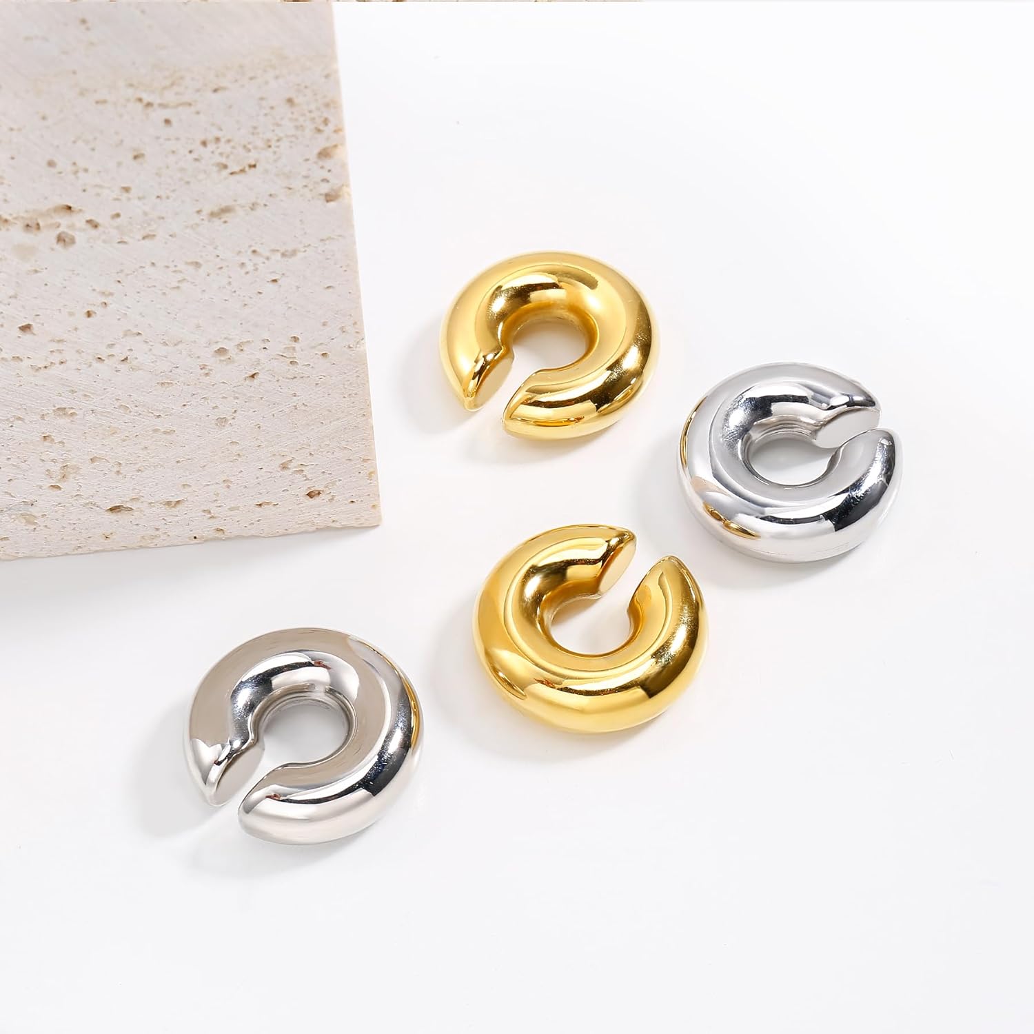 Chunky Gold Ear Cuffs Earrings for Women Non Piercing Gold Plated Stainless Steel Cuff Clip On Cartilage Hoop Lightweight Earrings Non-tarnish 1 Pairs