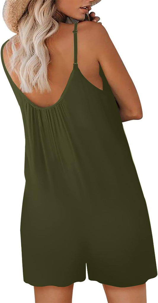 Eytino Womens Plus Size Jumpsuits V Neck Casual Loose Sleeveless Spaghetti Strap Short Rompers (1X-5X)