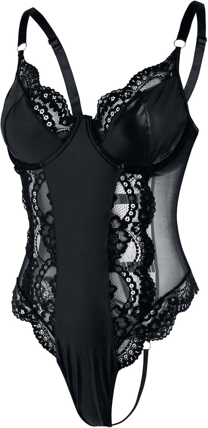 Lilosy Sexy Leather Underwire Push Up Floral Lace Sheer Corset Lingerie Women Teddy Bodysuit Bustier Top One Piece