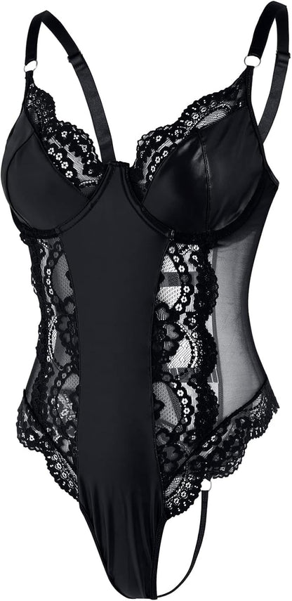 Lilosy Sexy Leather Underwire Push Up Floral Lace Sheer Corset Lingerie Women Teddy Bodysuit Bustier Top One Piece