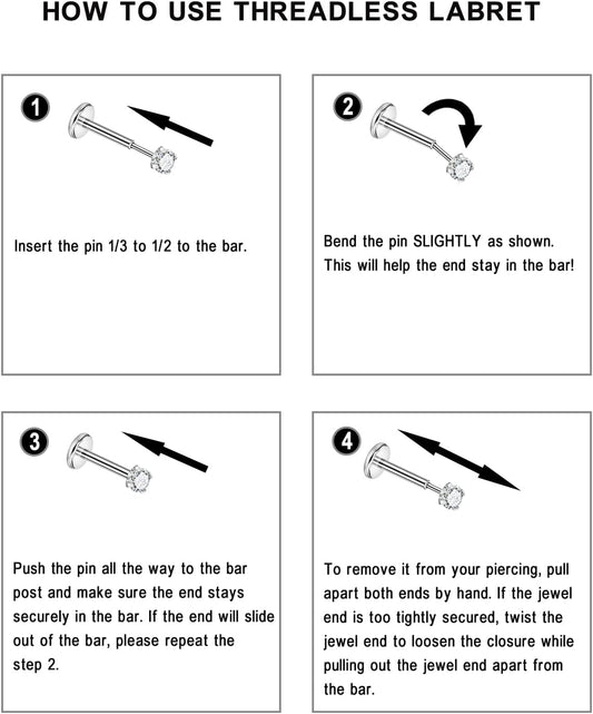 FANSING Single 316L Surgical Steel Threadless Labret Stud with CZ for Nose Cartilage Helix Rook Conch Tragus Earlobe Piercings