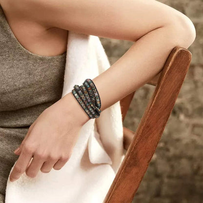 Layered Leather Bracelet, Rivet Leopard Print Bohemian Style Multilayer Wrap Bracelet, Handmade Agate Amethyst Chakra Crystal Glass Beaded Shell Bracelet for Women
