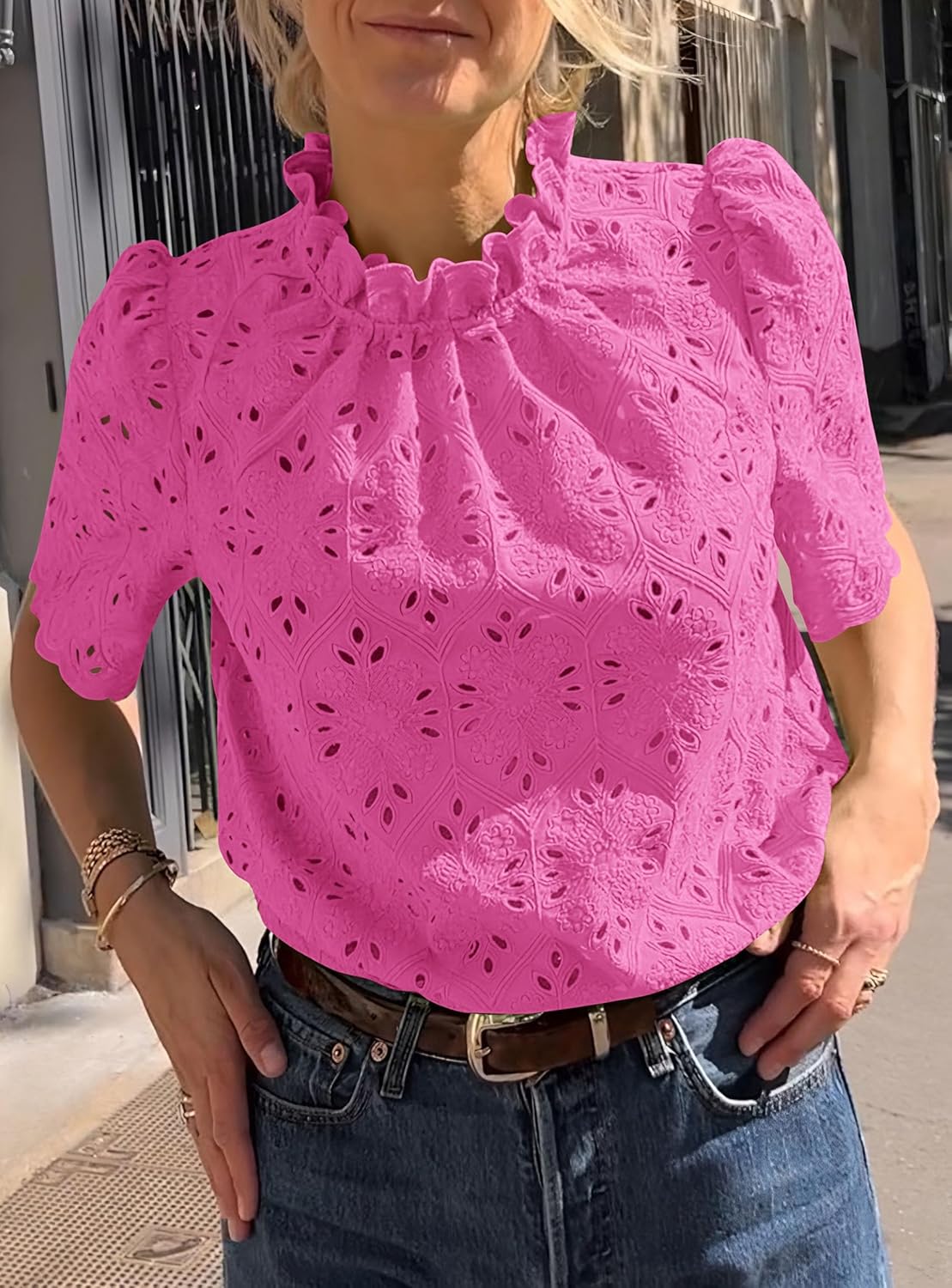 PRETTYGARDEN Summer Tops for Women 2025 Trendy Short Sleeve Eyelet Embroidered Dressy Casual Blouse Shirts