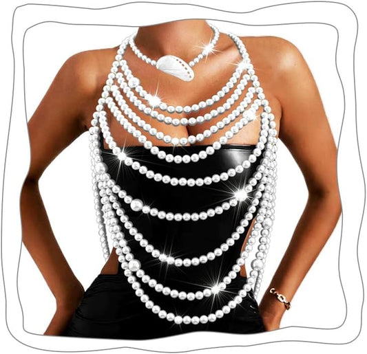 Uranian Pearl Body Chains Top Pearl Bra Chain Layered Shoulder Chain Necklaces Halter Chest Chains Beach Bikini Body Jewelry for Women