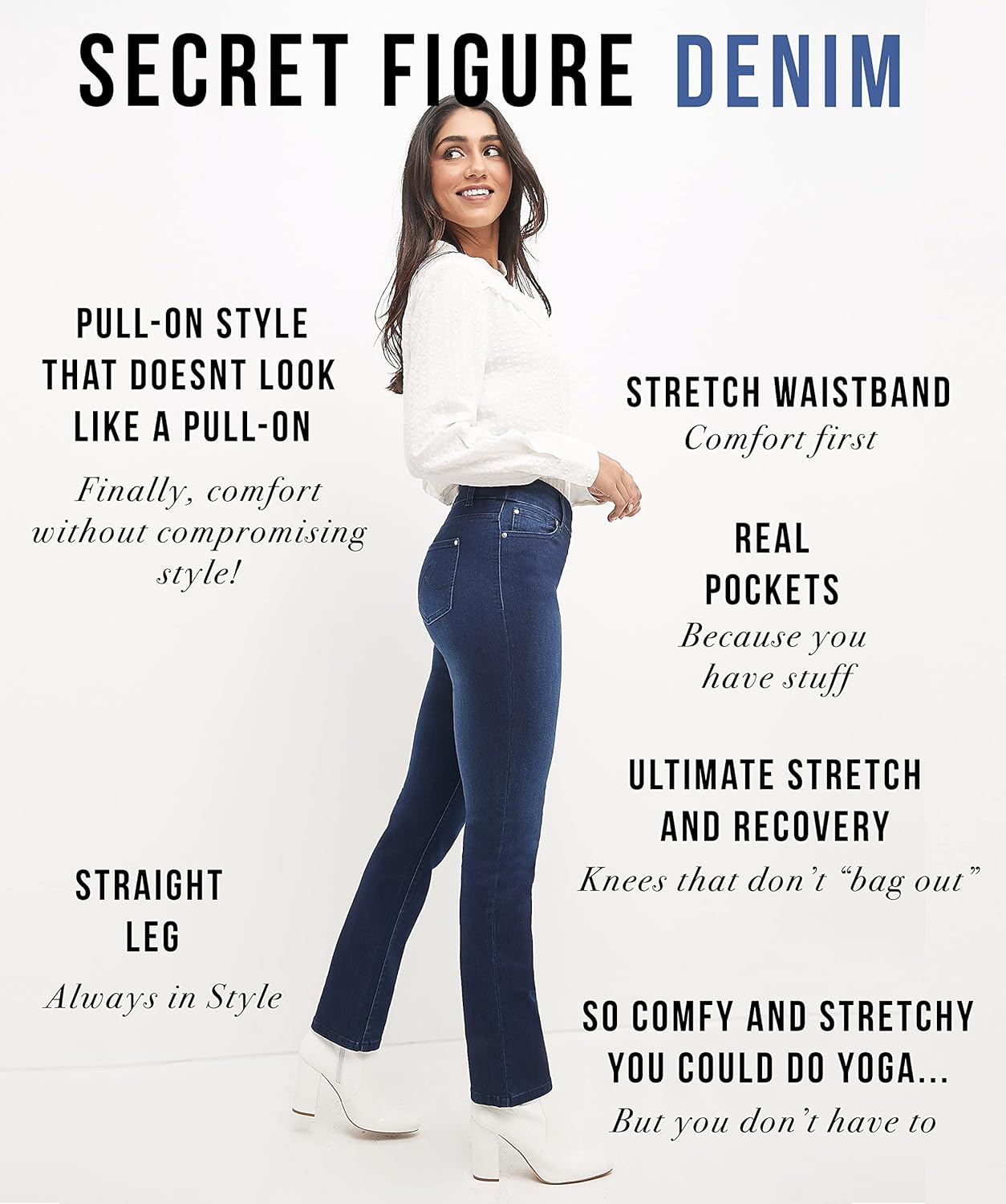 REKUCCI Women's Secret Figure Premium Lux Denim Straight Leg Pull-On Jean