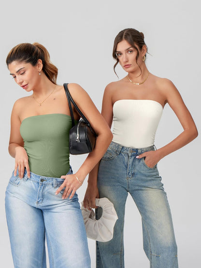 OQQ Womens Tube Bodysuits Strapless Basic Sleeveless Ruched Stretch Classic-Fit Tops Sexy Bodysuits
